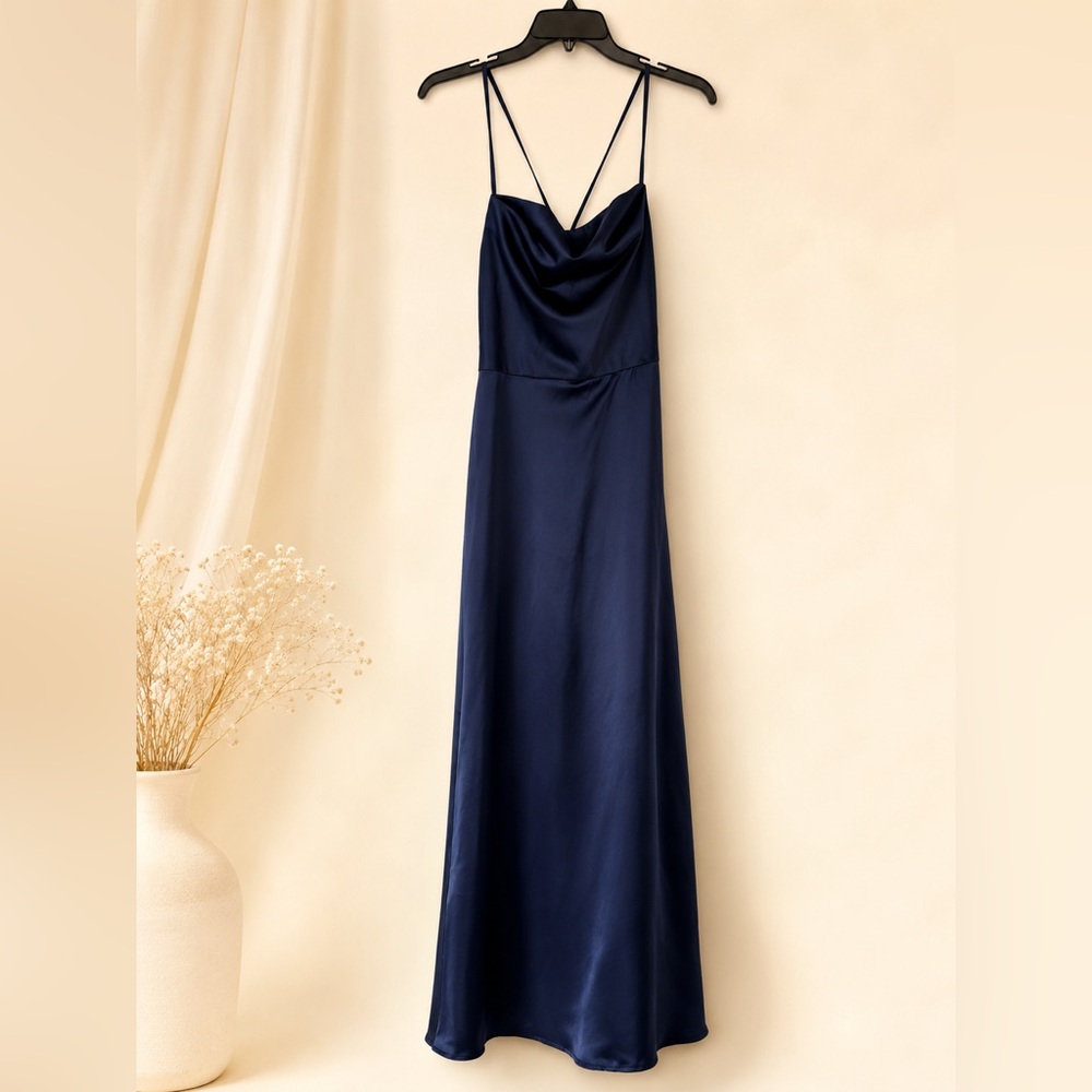 DB Studio Navy Satin Cowl Neck Maxi Dress Sz 4 High Slit Formal Bridesmaid Gown